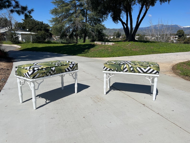 vintage coastal faux bamboo white lacquered pair ficks reed benches stools restored tropical palm leaf ottomans Chinoiserie image 10