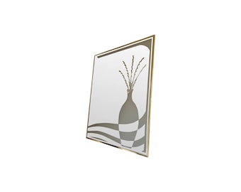 Postmodern 1980s wall art mirror gold frame bottle decanter vase flowers 80s