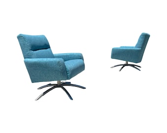 Vintage Mid century modern blue swivel chairs  restored stainless steel restored