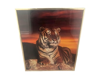 Vintage postmodern 1980s print tiger wall art picture gold frame