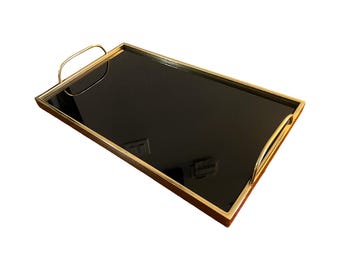 Brass gold plated black glass bed serving tray regency modern liquor bar