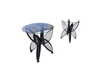 Mid-Century Modern Black Wrought Iron Butterfly End Tables (Pair)