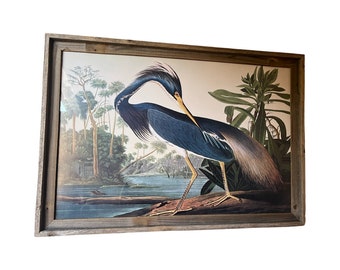 Vintage postmodern framed wall art  crane bird painting print