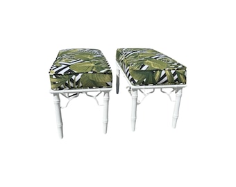 Vintage Ficks Reed Faux Bamboo Stools: White Lacquered Palm Leaf Ottomans