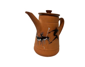 Vintage mid century modern African tribe hunting ceramic terra cotta teapot vintage gazelle