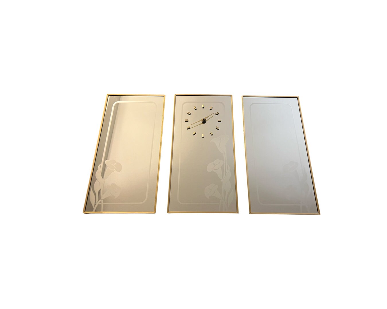 Vintage Postmodern 1980s Wall Mirror Clock and Wall Art Set of 3 Brass