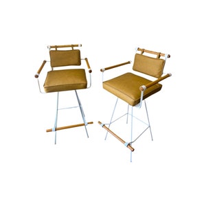 Pair mid century modern Inca cleo Baldon oak wrought iron barstools restored