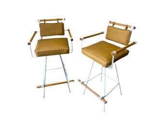 Pair mid century modern Inca cleo Baldon oak wrought iron barstools restored