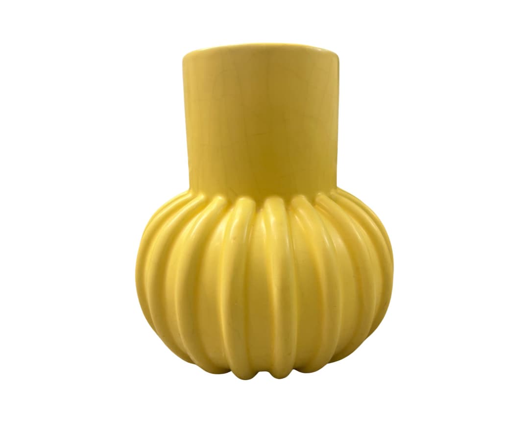 Vintage Mid Century Modern 1960s Modernist Ceramic Yellow Ribbed Vase ...