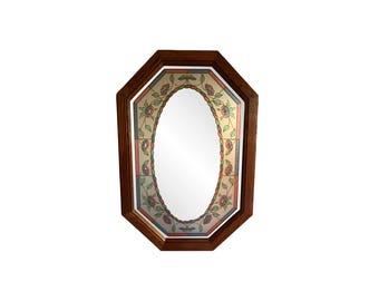 Vintage Octagon Wall Mirror: 1980s Postmodern leaf Design,  Windsor oak frame