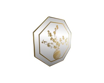 Vintage Octagon Wall Mirror: 1980s Windsor Postmodern Floral vase brass
