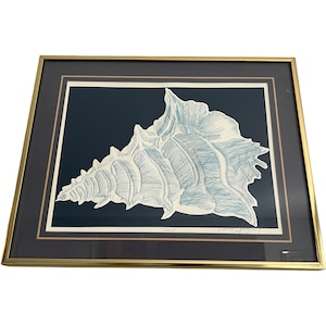 May include: Framed art print featuring a detailed illustration of a large, light blue seashell against a dark blue background. The artwork is encased in a gold-colored frame with a black and white matting, creating a classic and elegant aesthetic.