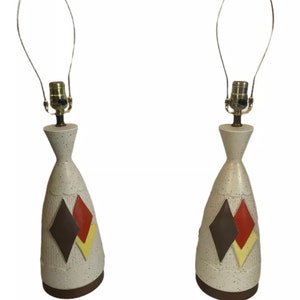 Mid century modern pair diamond table lamps atomic 1950s 60s kitsch brass ceramic image 4