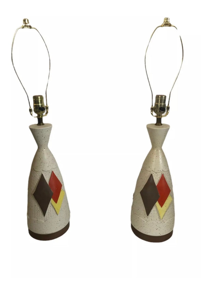 Mid century modern pair diamond table lamps atomic 1950s 60s kitsch brass ceramic image 4