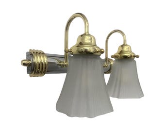 Miranda Feiss Art Deco Brass Chrome Vanity Sconce – Frosted Glass Shades 1980s