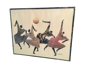 Vintage postmodern 1980s print Ed Hale halessie African  wall art picture gold frame hip bones in motion
