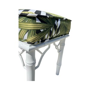 vintage coastal faux bamboo white lacquered pair ficks reed benches stools restored tropical palm leaf ottomans Chinoiserie image 4