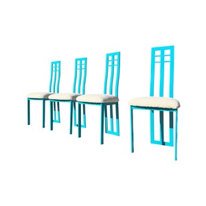 Vintage 1980s postmodern set of 4 high back dining chairs 80s turquoise boucle restored