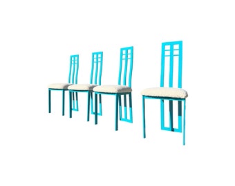 Vintage 1980s postmodern set of 4 high back dining chairs 80s turquoise boucle restored