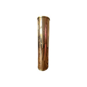 May include: A tall, cylindrical gold metal vase with a smooth, reflective surface.