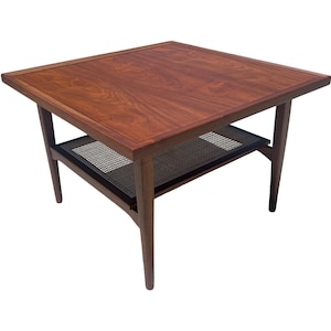 vintage restored mid century modern kipp Stewart Drexel two tier cane walnut coffee table 1960s