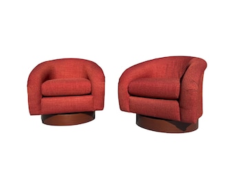 Mid century modern barrel swivel chairs attributed to Milo baughman restored walnut restored