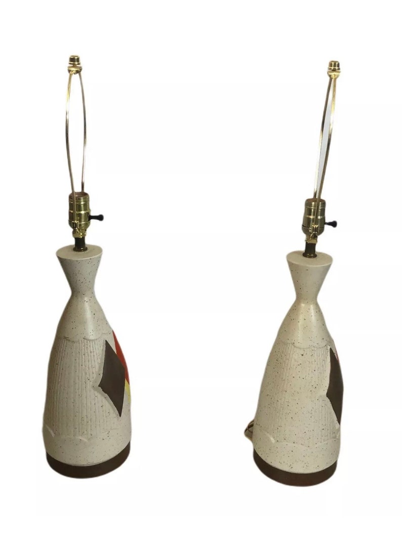 Mid century modern pair diamond table lamps atomic 1950s 60s kitsch brass ceramic image 6