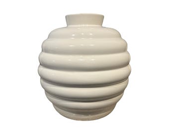 vintage postmodern 1980s large white ribbed bee hive ceramic vase art deco pottery