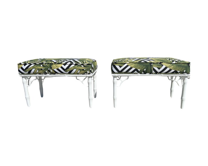 vintage coastal faux bamboo white lacquered pair ficks reed benches stools restored tropical palm leaf ottomans Chinoiserie image 9