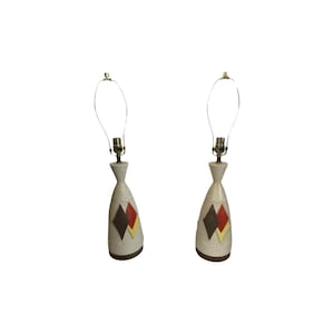 Mid century modern pair diamond table lamps atomic 1950s 60s kitsch brass ceramic