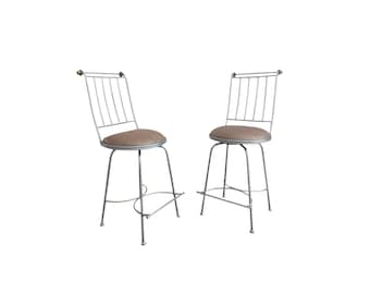 mid century modern Charleston forge pair barstools swivel barstools restored brass silver leather
