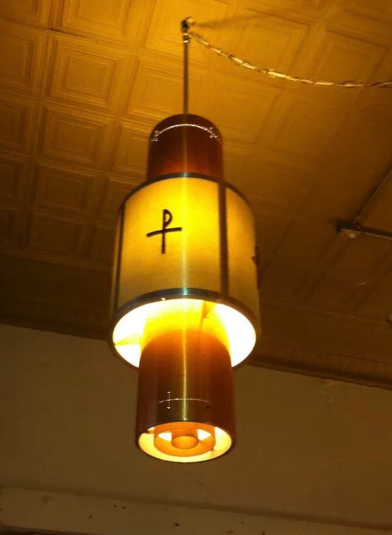 Mid century modern ceiling Hanging lamp Neutra Art Deco copper perforated steel image 1