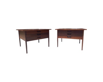 Pair mid century modern pair three drawer walnut end tables nightstands Jack Cartwright founders restored 1960s