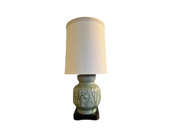 Vintage Chinoiserie Table Lamp: Seafoam Green Ceramic Bamboo, Mid-Century Modern