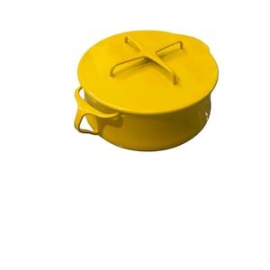 May include: A bright yellow round cooking pot with a matching lid. The lid features a distinctive cross-shaped handle centered on top. The pot includes two side handles for lifting, and the entire exterior has a smooth, glossy finish.