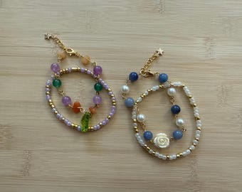 Handmade Beaded Bracelet Set, Faux Pearl & Gold Charm Bracelets, Pastel Layering Set