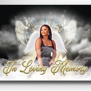 May include: A black and white image of a woman with angel wings in front of a pearly gate. The text "In Loving Memory" is written in gold script at the bottom of the image.