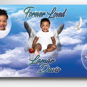 May include: A blue and white memorial banner with clouds and doves. The banner features three photos of a young boy and the text "Forever Loved Lamar Davis".