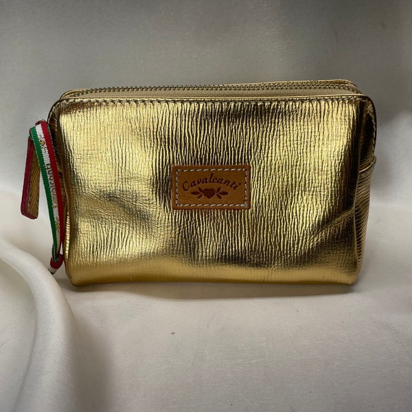 Vintage Calvacanti Italian Made Gold Clutch/Makeup Bag with Shiny Gold Extrrior and Pink/Orange Leopard Print Interior.