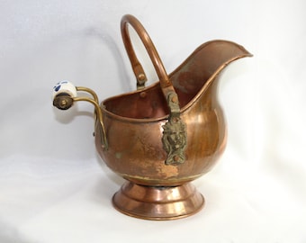 Lions Head Adorned Hand Crafted Antique Copper Scuttle (Ash) Bucket with Delft Style Hand Painted Handle