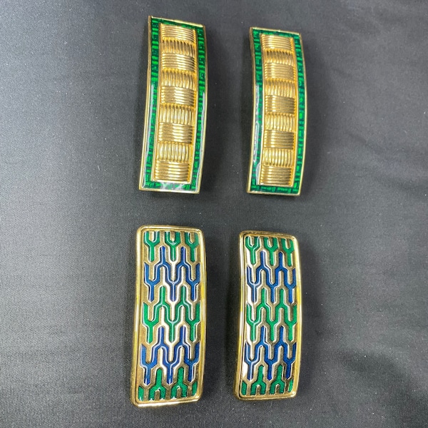 2 Pairs of Beautiful 1950s Contemporary French Made Cloisonné and Guiloche Polished Brass Barrettes (Hair Clips).