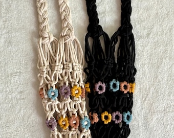 Macrame crossbody daisy water bottle holder, rainbow macrame, 40oz water bottle holder, summer gifts, back to school, festival accessories
