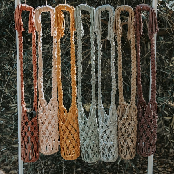 Macrame crossbody water bottle carrier, hydroflask holder, Stanley cup holder, teacher gift, festival accessories, unique gifts for her