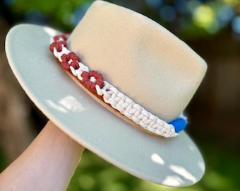 Macrame Daisy hat bands, red white and blue hat band, Fourth of July, hat accessories