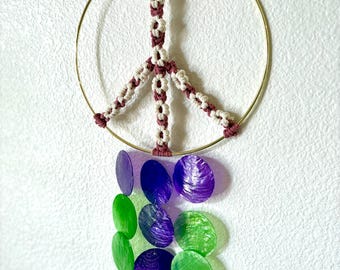 Macrame flower peace sign windchime with capiz shells