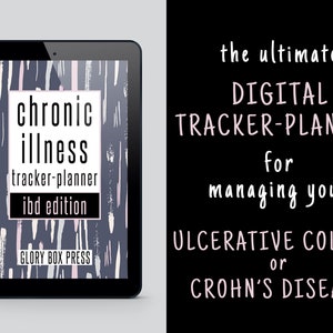 Peut inclure: Un planificateur numérique pour gérer la colite ulcéreuse ou la maladie de Crohn. La couverture présente un design abstrait coloré avec le texte "chronic illness tracker-planner ibd edition" et "GLORY BOX PRESS".
