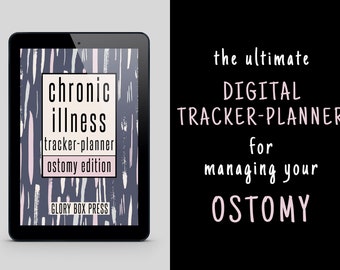 May include: A digital tablet displaying a cover for a digital tracker-planner for managing an ostomy. The cover is a dark blue background with pink and white abstract brushstrokes. The text on the cover reads "chronic illness tracker-planner ostomy edition" and "GLORY BOX PRESS". The text on the right side of the image reads "the ultimate DIGITAL TRACKER-PLANNER for managing your OSTOMY".