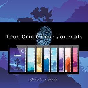 Könnte beinhalten: Ein Satz von acht digitalen Tagebüchern mit verschiedenen Hintergrundfarben, jedes mit einer Berglandschaft mit einem Halbmond und einem einzelnen Baum. Die Tagebücher tragen den Titel "True Crime Case Journals" und stammen von "glory box press".