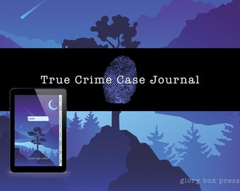 May include: A digital tablet displaying a blue and purple landscape with a crescent moon and a shooting star. The text "True Crime Case Journal" is displayed above the tablet. The text "Glory Box Press" is displayed on the tablet.