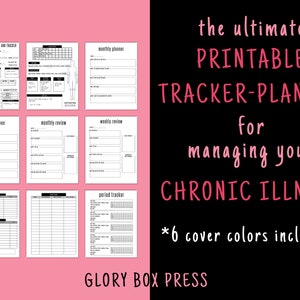 Könnte beinhalten: Druckbarer Tracker-Planer zur Verwaltung chronischer Krankheiten. Der Planer enthält eine tägliche Checkliste, einen Monatsplaner, einen Wochenplaner, eine monatliche Überprüfung, eine wöchentliche Überprüfung und einen Perioden-Tracker. Sechs Cover-Farben sind enthalten.